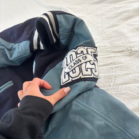 VINTAGE Letterman Blue Navy Women's Leather Varsity Oversized Large Felt Jacket - Picture 4 of 4